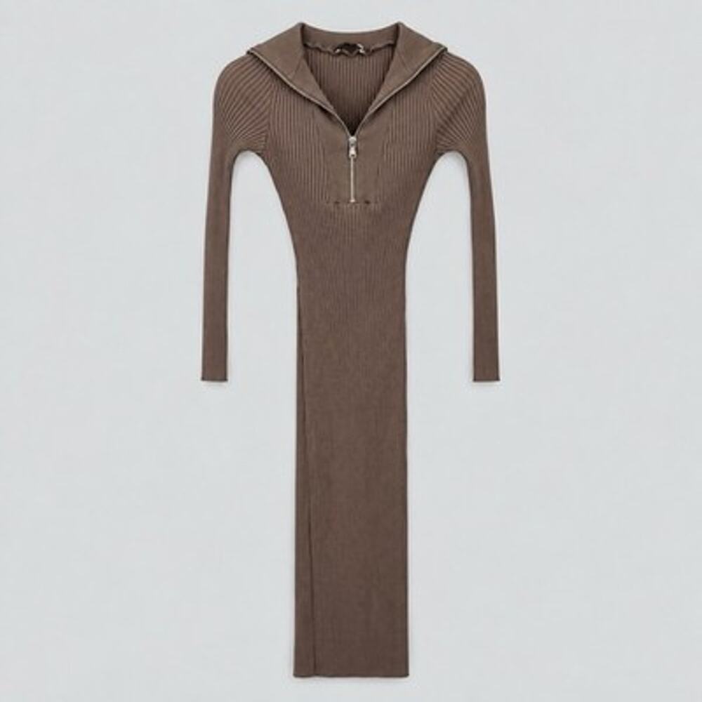 Zara Ribbed Knit Sweater Dress Small Taupe Long Sleeve 1/4 Zip Bodycon Midi